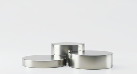Three silver cylinder podiums arranged in a tiered display against a plain white background scene render