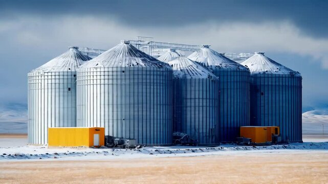 Rows of snowy grain silos stand sentinel against a muted sky in a winter agricultural landscape, storage tanks and outbuildings visible.