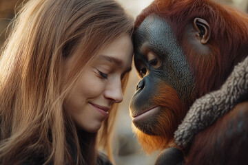 A tender moment captured between a young woman and an orangutan, showcasing connection and shared warmth through gentle touch.