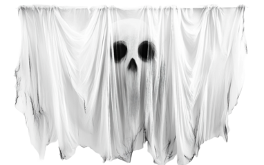 Haunted curtain with eerie ghost face design hanging in dark hallway scene Isolated on Transparent Background PNG