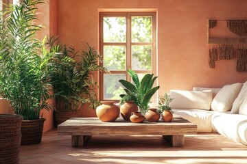 Sunlit room with indoor plants and rustic decor on wooden coffee table