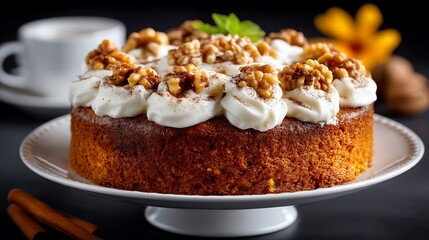 Elegant cake with creamy frosting and walnuts