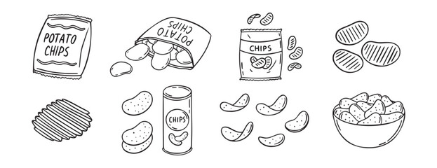 Potato chips doodle hand drawn icon set. Outline drawing crispy snack line clipart symbol