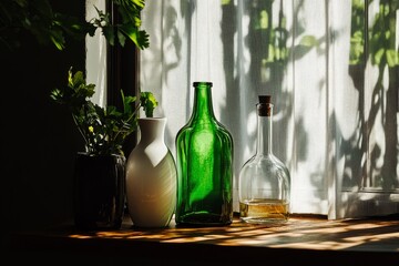 Natural Light Illuminating Glass Bottles and Flowers on a Wooden Table