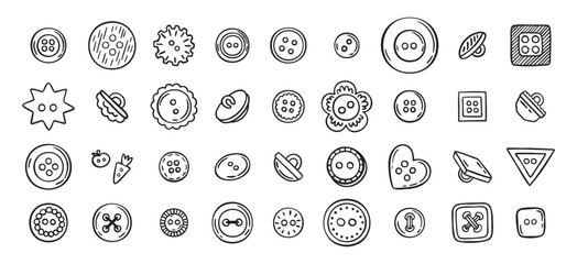 Sewing buttons line hand drawn doodle art icons set. Sewing accessories clothes various outline shapes. 