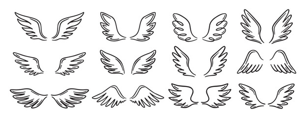 Angel wing doodle hand drawn icon set. Outline drawing angel wings line clipart symbol collection