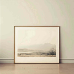 A simple yet stunning Gold frame in landscape set against the wall with neutral walls The screen shows a blank canvas highdefinition photography