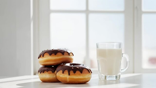 Three chocolate-covered donuts stacked on a white table next to a glass of milk by the window, perfect for breakfast, brunch, or a sweet treat