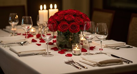 Romantic dinner table setting with roses and candles for valentine's day or special date night event