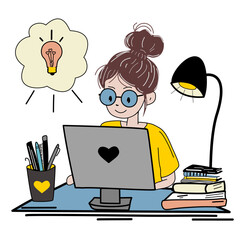 Vector illustration of a teen girl studying at a desk with a computer, books, and a lamp. Ideal for education, distance learning, and school projects.