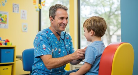 Pediatrician examining child patient with stethoscope in clinic for wellness checkup and healthcare services