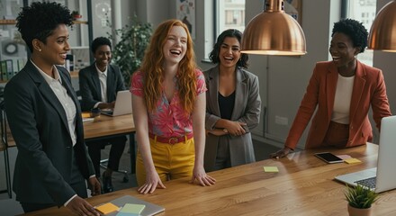Diverse women laughing in modern office business meeting team collaboration success workplace environment