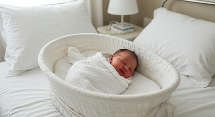 Newborn baby sleeping in bassinet on bed with pillows, infant care and nursery room decor ideas guide