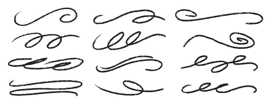  divider collection. doodle hand drawn swashes and flourishes. Ornate swirl swashes, decorative dividers. Black paint curved strokes.