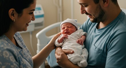 Newborn baby care tips and advice for parents with mother and father holding infant after birth at hospital