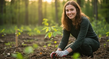 Young woman planting tree seedling in forest for reforestation and environmental conservation project