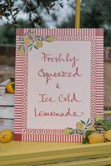 Lemonade sign, calligraphy, fresh summer drinks, event or wedding decoration	