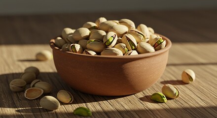 Delicious pistachios in a bowl on a wooden table perfect snack healthy food tasty nuts pistachios close up view