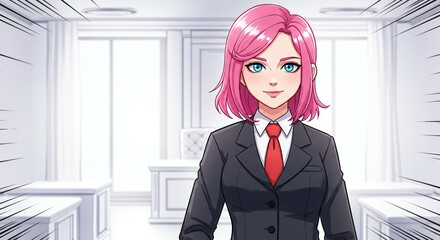 Anime lawyer with pink hair in courtroom ready to defend her client with confidence and legal expertise
