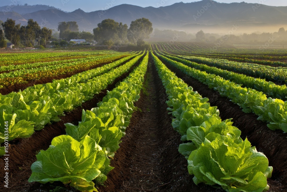 Poster rows of lettuce crops growing in a field with mountain background