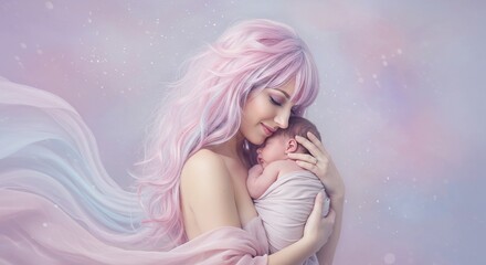 Beautiful mother holding newborn baby portrait with pastel aesthetic and soft dreamy background image photography