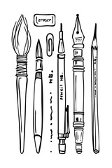 Art Supplies Collection. Hand drawn black and white vector illustration in ink sketch style. For worksheets, art lessons, printables, branding, planners, and digital design. Scalable and editable.