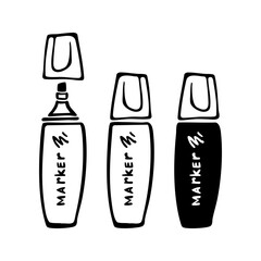 Markers. Hand drawn black and white vector illustration in ink sketch style. Useful for school worksheets, printables, branding for illustrators, planners, and design kits.