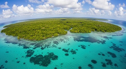 Aerial view of tropical island paradise with turquoise ocean water and lush green vegetation landscape scenery