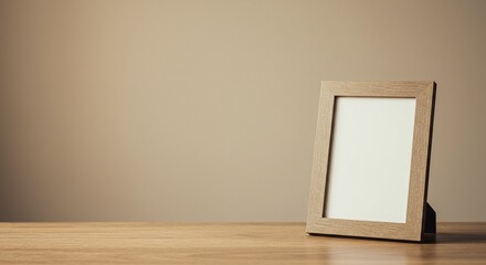 Minimalist photo frame mockup on wooden desk for family picture display and memories presentation design