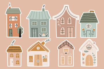 Boho set sticker houses. Bohemian hand drawn house for nursery. Vector doodle simple illustration