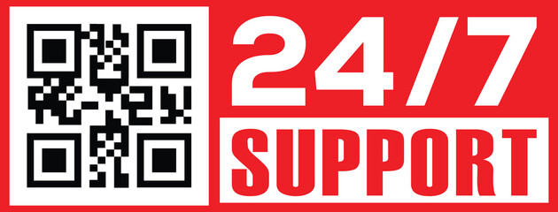 Vibrant red banner with bold white sans-serif text "24/7" above "support," stacked vertically. Black-and-white QR code in upper left quadrant. Modern minimalist design, high contrast, clean lines.