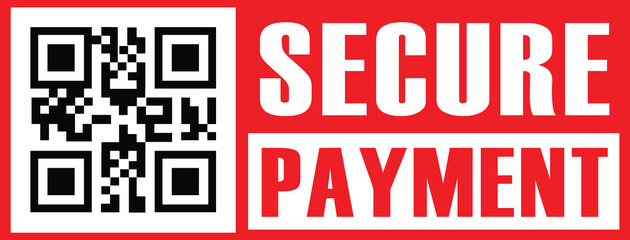 Vibrant red banner with bold white sans-serif text "SECURE" above "PAYMENT," stacked vertically. Black-and-white QR code in upper left quadrant. Modern minimalist design, high contrast