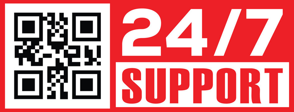 Vibrant red banner with bold white sans-serif text "24/7" above "support," stacked vertically. Black-and-white QR code in upper left quadrant. Modern minimalist design, high contrast, clean lines.
