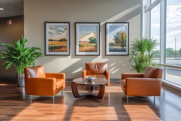 Fototapeta premium Cozy office lounge with three leather chairs, coffee table, and scenic art on wall