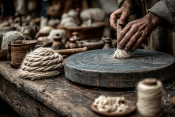 Fiber worker prepares natural strands on wooden surface in dim workshop setting