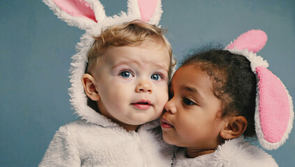 Two children wearing fluffy bunny costumes, one whispering to the other, showcasing playful innocence and joy in a soft, colorful environment with a gentle background