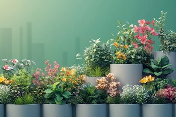 Colorful plants in tiered planters against a pale green background.