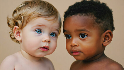 Two adorable infants, one with curly blonde hair and blue eyes, the other with short dark hair and brown eyes, share a moment of curiosity and innocence against a neutral background