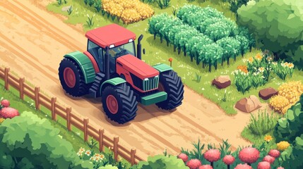 Farm tractor on a dirt road amidst a colorful garden.