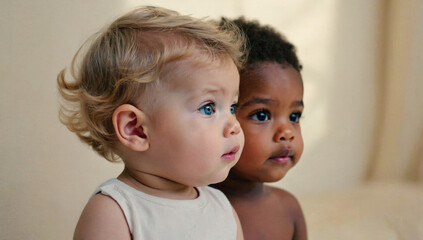 Two young children, one with curly blonde hair and blue eyes, the other with dark skin and short hair, are sitting side by side, showcasing innocence and friendship in a soft, warm environment