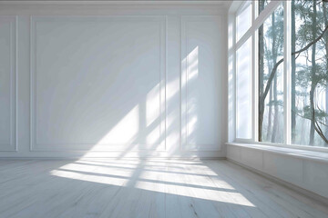 Obraz premium minimalist interior design background white walls with soft natural lighting subtle textures whitewood floor with white skirting elegant modern room artistic