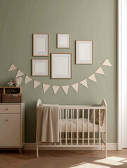a hyperrealistic photograph of a nursery in with a soft muted sage wall and beige cream and neutral toned decor There is a gallery wall with six empty white