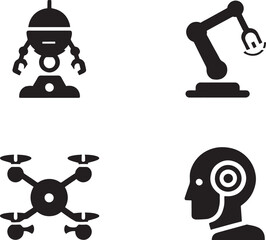 Black Background with Robot, Robotic Arm, Drone, and Humanoid Head Icons for Technology and Automation Concepts