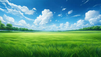 Fototapeta premium green field day sky clouds anime background