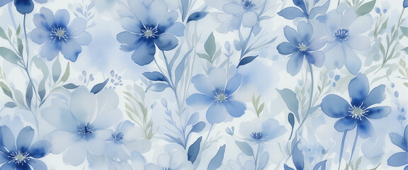 Fototapeta premium Watercolor background with soft blue flowers, featuring gentle colors and tones. The texture mimics high-quality watercolor paper, artistic feel.