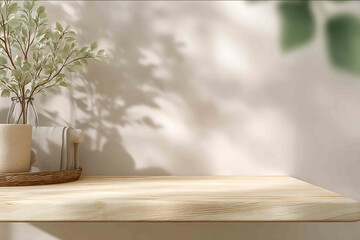 front view of a clean light wood tabletop minimal boho background for product mockups soft natural daylight warm neutral tones beige offwhite soft ambient sh