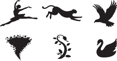 Silhouette Art Dancer in Motion Black Background, Artistic Expression of Dance, Graceful Movement, Dynamic Pose, Elegant Form