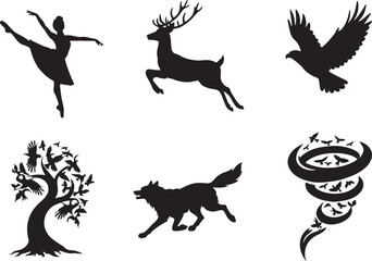 Silhouette Illustrations of Animals and Nature Elements on Black Background for Wildlife and Environmental Designs