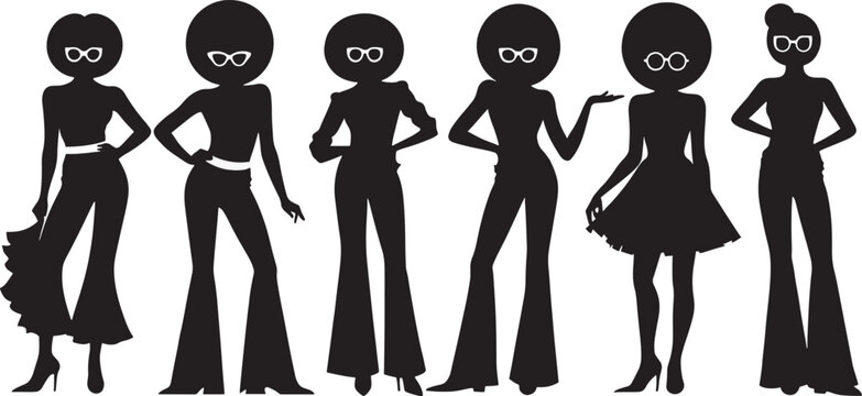 Silhouette Style Group of Women in 1970s Outfits with Glasses on Black Background Vector Illustration