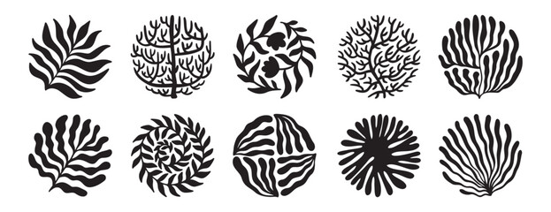 Round organic flower elements set. Trendy circle floral coral shapes and wavy curves. groovy outlines and naive art blossom boho decor